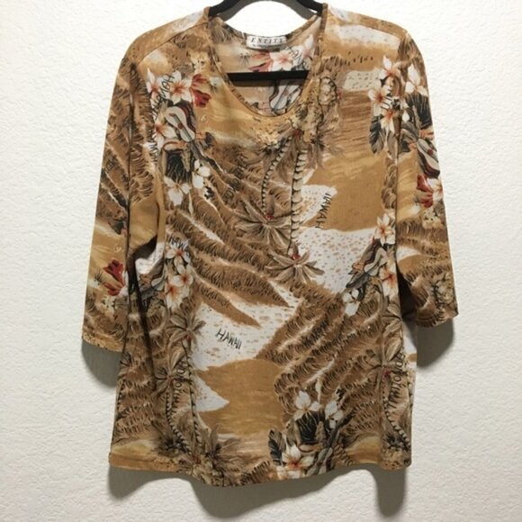 Vintage Tops - VTG Entity Daniel Benjamin Hawaiian Brown Blouse Palm Tree Bedazzled Lightweight